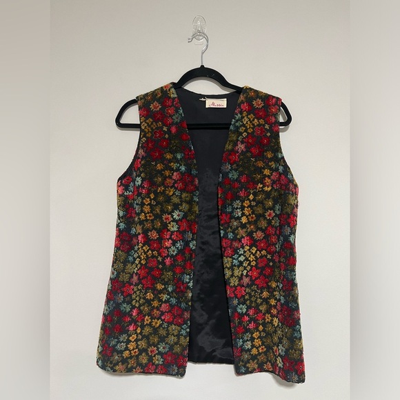 Vintage 1970s Aladdin Multicolor Floral Carpet Tapestry Long Vest Hippie Boho - Picture 1 of 7